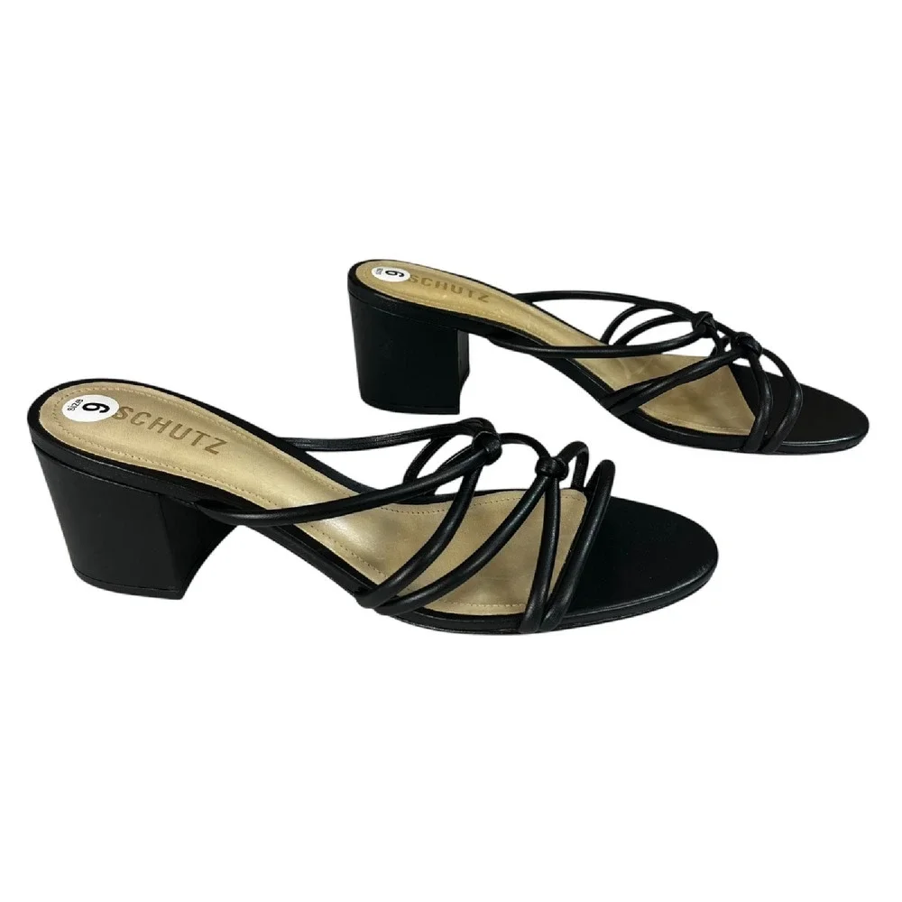 SCHUTZ Princey Black Leather Strappy Block Heel Slip On Sandals Womens Size 10.5